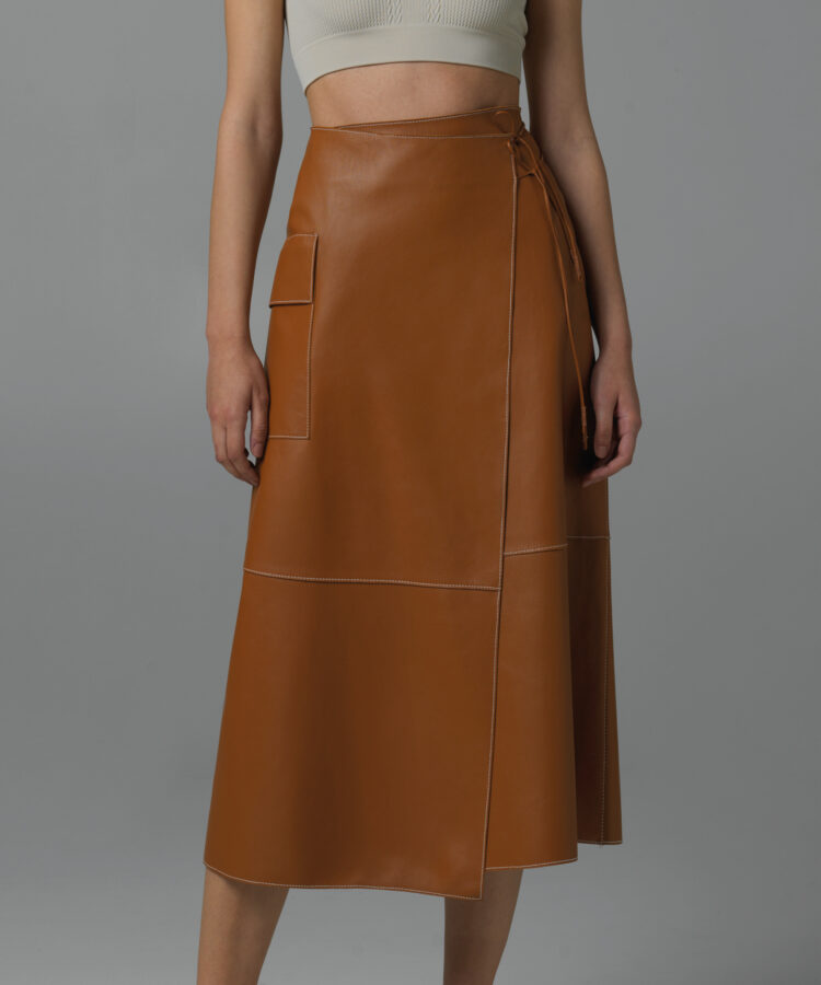 Midi Wrap Skirt in Tan Leather