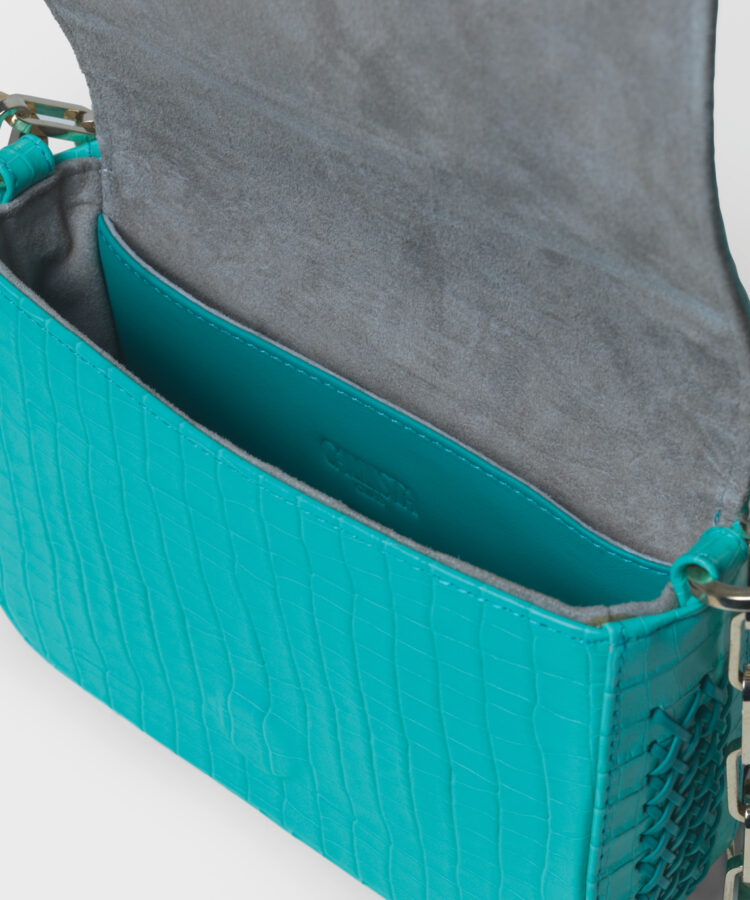 Mini Box Bag in Aqua Croc-Effect Glossed Leather