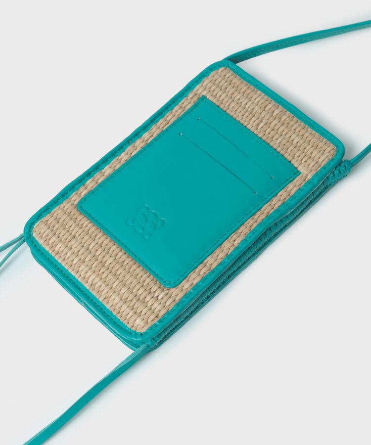 Cross Phone Bag in Aqua Leather & Straw
