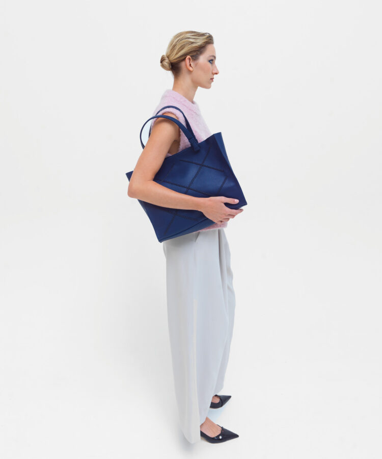 Medium Cross Tote in Blue Grained Leather