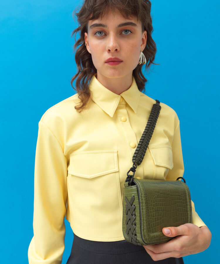 Mini Box Bag 23 in Olive Croc-Effect Glossed Leather