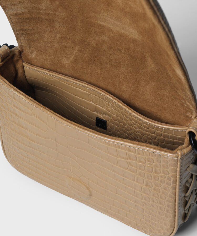 Mini Box Bag 23 in Beige Croc-Effect Glossed Leather