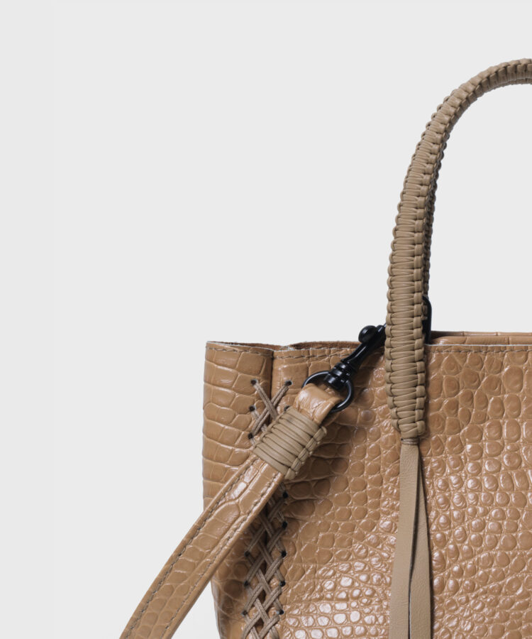 Micro Tote in Beige Croc-Effect Glossed Leather