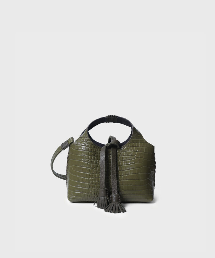 Micro City in Olive Croc-Effect Glossed Leather