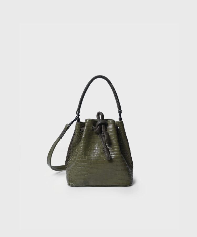 Micro Bucket in Olive Croc-Effect Glossed Leather
