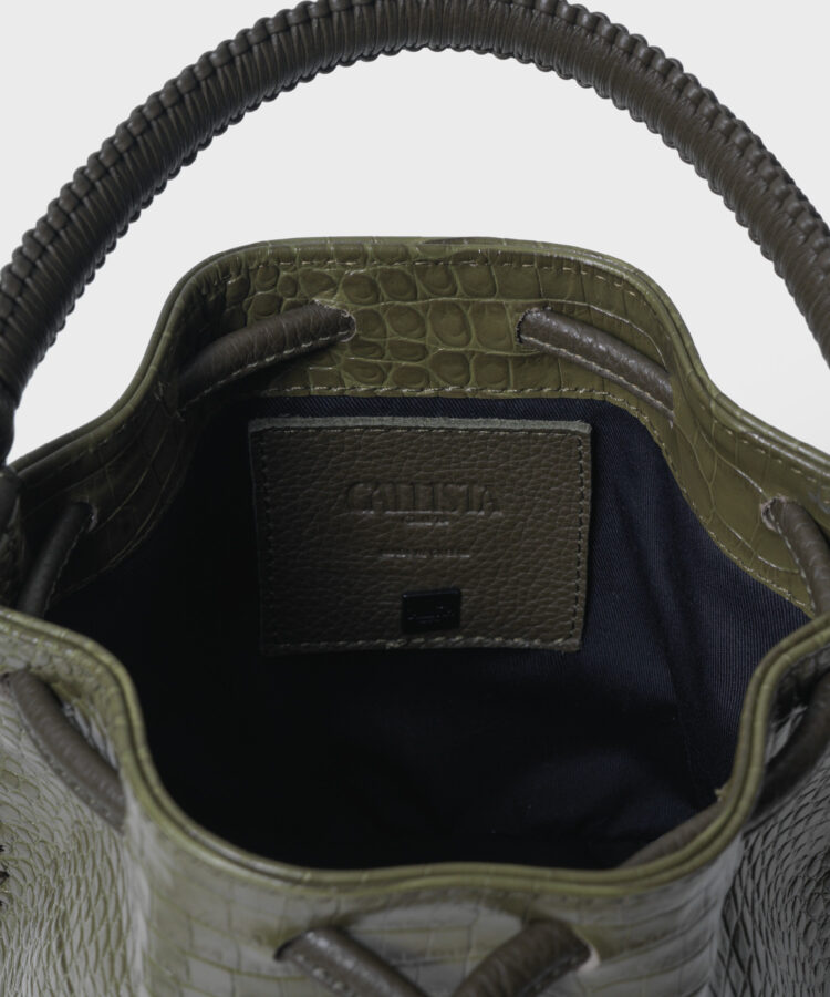 Micro Bucket in Olive Croc-Effect Glossed Leather