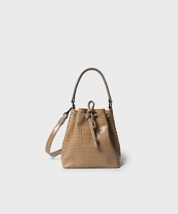 Micro Bucket in Beige Croc-Effect Glossed Leather